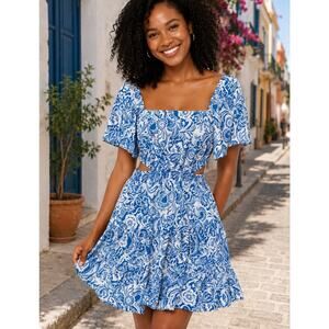 Joress Blue White Floral Paisley Cutout Mini Dress Flutter Bell